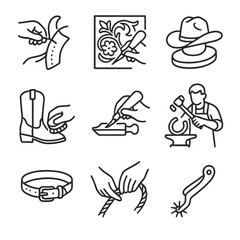Cowboy Craftsmanship Icons. Outline style icons of Cowboy Craftsmanship: saddle stitching, leather carving, hat shaping, boot