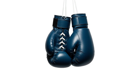 Dark blue boxing gloves hang, ideal for fight and training scenes.
