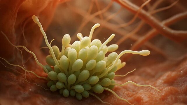 Candida Albicans spore colony grows with long tendrils on surface
