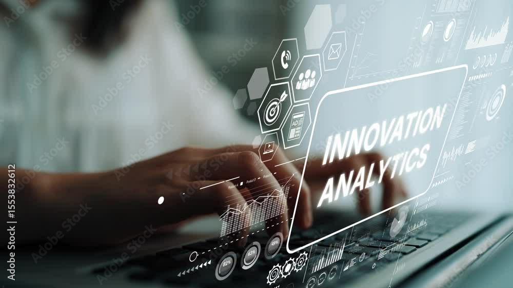 Poster close-up of hands typing on laptop with digital innovation analytics interface in modern workspace. 