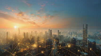 Fototapeta premium Smart city with connection network reciprocity over the cityscape social media networking systems that connects on the peak of success amid tall, innovative Smart city and graphs with statistics to a