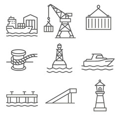Port and Harbor Icons. Outline style icons of Ports and Harbors: cargo dock, port crane, shipping container, mooring rope, harbor