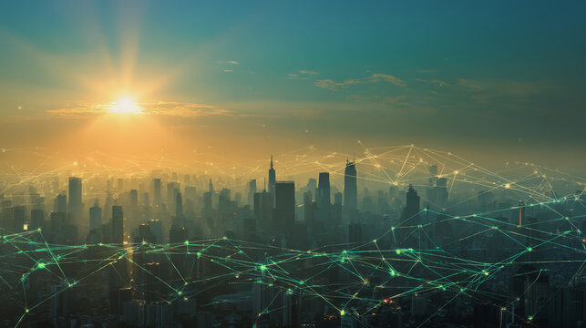 Smart city with connection network reciprocity over the cityscape social media networking systems that connects on the peak of success amid tall, innovative Smart city and graphs with statistics to a