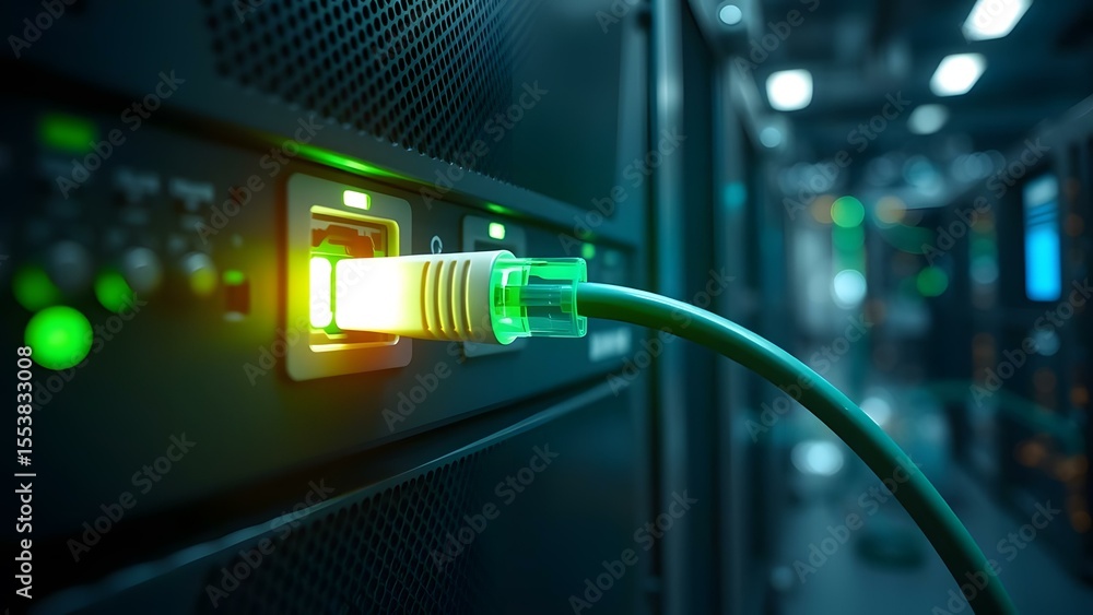 Poster close-up of a glowing data cable connection in a modern server environment, highlighting technology 