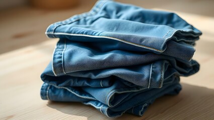 Stacked blue jeans on a wooden surface highlighting casual fashion and comfort for everyday wear.