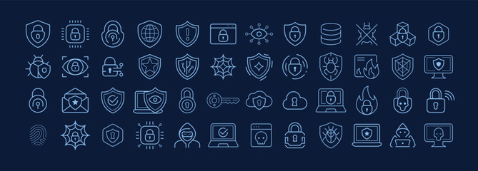 Cybersecurity logo icon set with shield, padlock, biometric ID, network protection. Digital defense symbols for secure data, AI systems, cloud, antivirus, and privacy tech. Vector illustration.