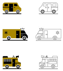 Vector Icon Set of Emergency, Camper, and Food Service Vehicles – Filled and Outline Style