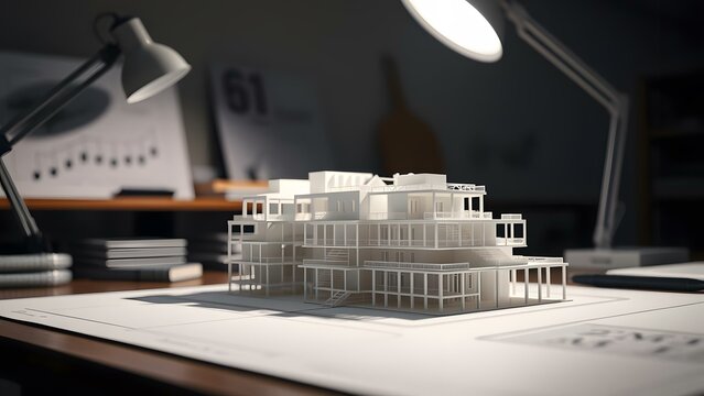 A creative architectural model in a workspace symbolizes innovation and design inspiration for future projects. - Powered by Adobe