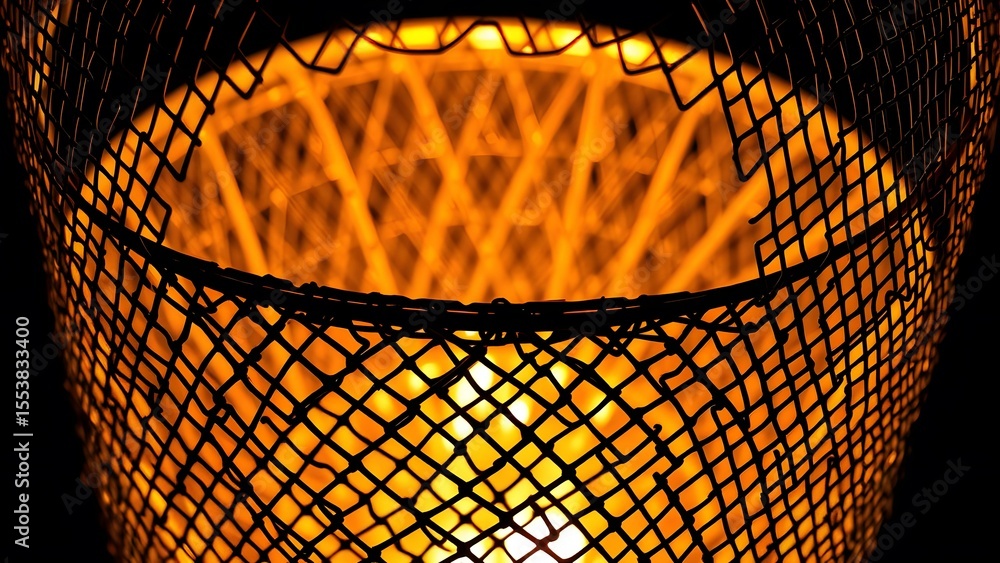Poster a captivating closeup of a warm light source surrounded by a metal mesh design, creating an artistic