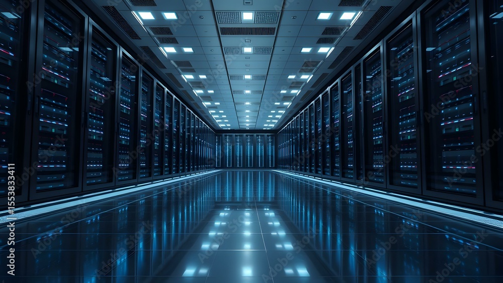 Aufkleber futuristic data center featuring advanced technology and sleek design with illuminated server racks.