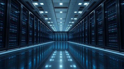 Futuristic data center featuring advanced technology and sleek design with illuminated server racks.