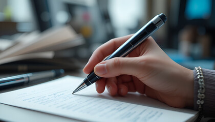 Hand writes on paper with a pen creating notes or a letter in a bright workspace, ideal for office or business use.