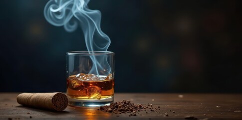 Aromatic smoke rises from a cigar, alongside a bottle of whiskey , Warmth, Ambiance