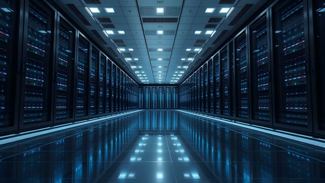 Futuristic data center featuring advanced technology and sleek design with illuminated server racks.