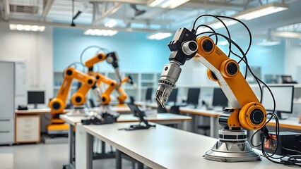Fototapeta premium High-tech robotic arm in a modern workspace symbolizes innovation and efficiency in automation and engineering.