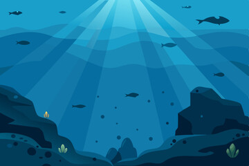 Undersea world map with marine life and fishes swimming in the deep blue ocean, illuminated by sunlight through clear water, a perfect vector illustration for divers exploring nature's coral reef