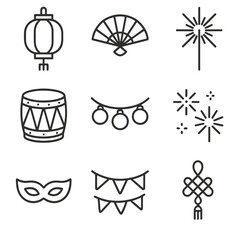 Festival Iconography. Outline style icons of Festival Icons: lantern, decorative fan, sparkler, cultural drum, string lights,