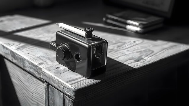 A vintage camera and pencil create a striking contrast on a wooden desk, emphasizing creativity and craftsmanship.