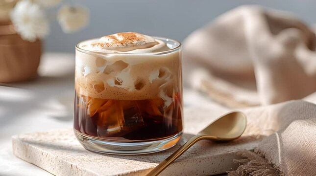 Iced coffee beverage with cream topping, served in a short glass with golden spoon on light-colored background.