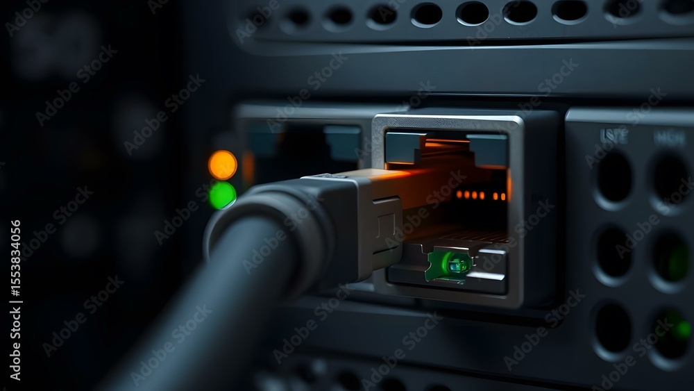 Poster close-up view of a network cable connected to a server port, showcasing technology and data transfer