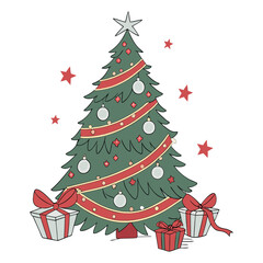 Festive Holiday Scene Christmas Tree Decorated with Ornaments, Garland and Topped with a Star with Wrapped Gift Packages