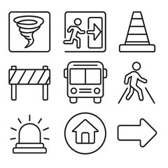 Tornado Evacuation Icons. Outline style icons of tornado evacuation: escape route, emergency exit, traffic cone, road barrier,