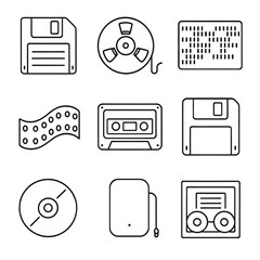 Classic Data Storage Icons. Outline style icons of Classic Data Storage: floppy disk, magnetic tape reel, punch card, paper tape,