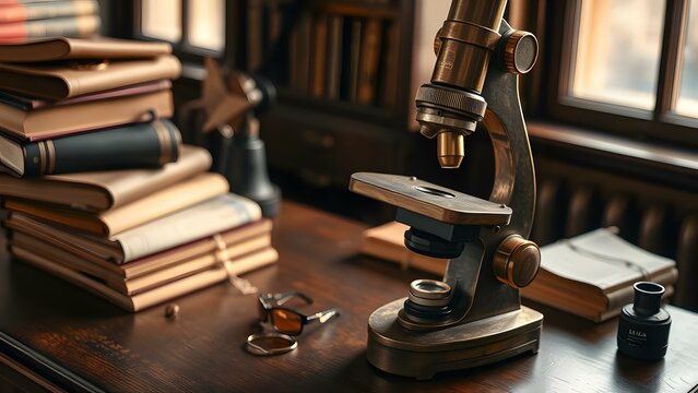 A vintage microscope on a wooden desk surrounded by books, symbolizing education and scientific discovery.