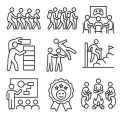 Team Building Icons. Outline style icons of Team Building Activities: team rope pull, group hike, game session, building block