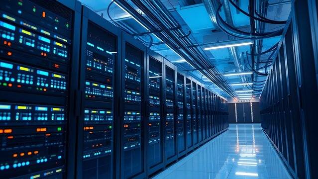 High-tech server room featuring advanced digital equipment and vibrant cooling lights for data management.