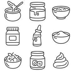 Sweet Spread Icons. Outline style icons of Sweet Dips and Spreads: caramel pot, chocolate sauce jar, jam bowl, peanut butter jar,