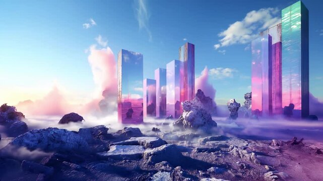 Vibrant fantastical landscape features glass skyscrapers