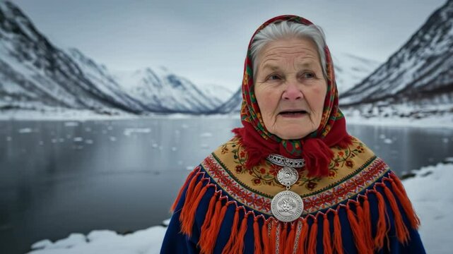 Elderly woman in traditional S&aacute;mi clothing standing by frozen lake  