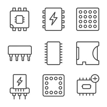 Memory IC Icons. Line style icons of Memory & Storage ICs: EEPROM 24Cxx, NOR flash SOIC, NAND flash BGA, SRAM DIP, DRAM TSOP,