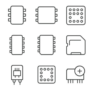 Memory IC Icons. Line style icons of Memory & Storage ICs: EEPROM 24Cxx, NOR flash SOIC, NAND flash BGA, SRAM DIP, DRAM TSOP,