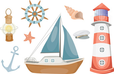 Steering wheel, anchor, lamp, ship, captain's hat, lighthouse. Marine, sea coast, sea life, nautical concept. Vector illustration. Website, banner template.