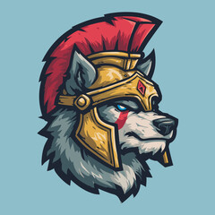 Esports logo featuring a wolf wearing a golden helmet with red embellishments, showcasing fierce determination and strength