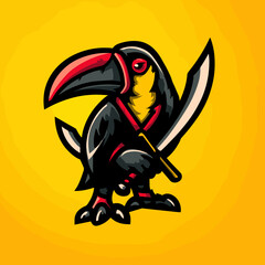 Fototapeta premium Unique esports logo featuring a toucan with a sword on a vibrant yellow background