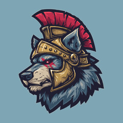 Wolf mascot logo inspired by ancient warriors displayed against a blue background, showcasing a fierce and determined expression