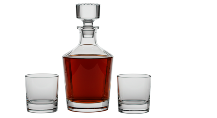 A crystal decanter with amber liquor and two elegant whiskey glasses.