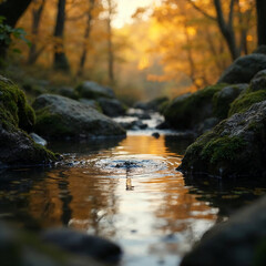 Fototapeta premium Autumn Forest Stream with Water Ripples and Mossy Rocks