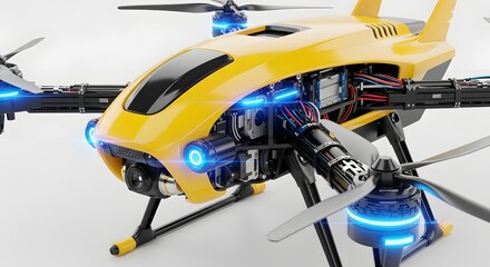 Fototapeta premium Yellow Drone with Camera and Blue Lights