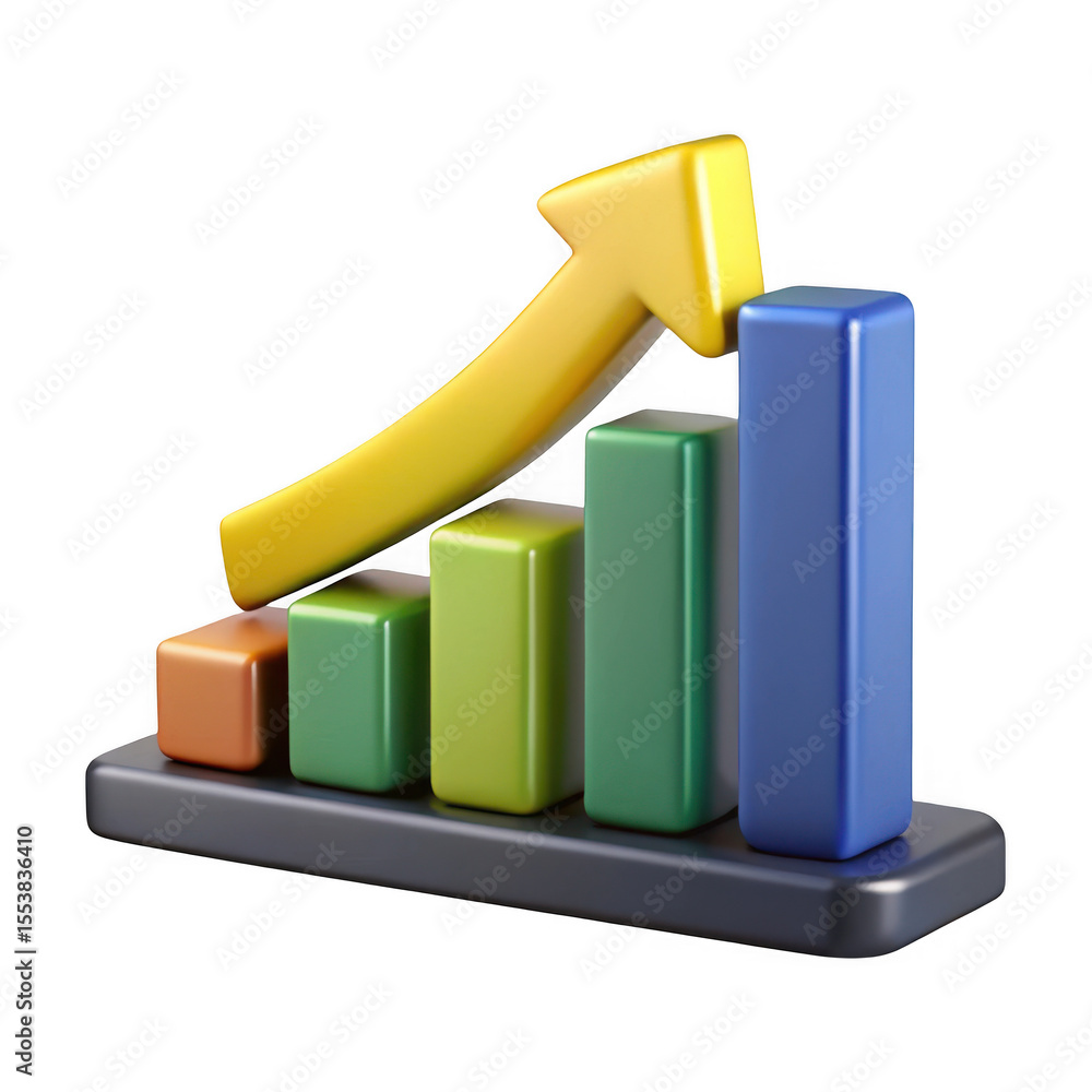 Poster 3d rendered bar chart with upward arrow isolated on transparent background