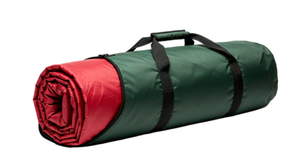 A rolled up sleeping mat in a green carry bag, perfect for camping and travel.
