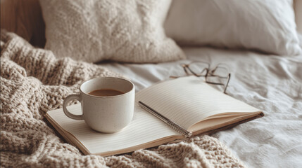 Calm Morning Routine with Coffee and Open Notebook 