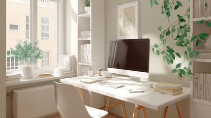 Elegant Home Office Desk with Natural Lighting at Bright home corner with a white table, monitor, planner, cup, and a green plant by the window. Scandinavian decor.