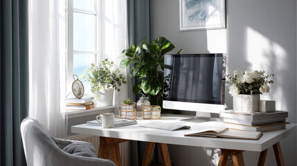 Fototapeta premium Elegant Home Office Desk with Natural Lighting at Bright home corner with a white table, monitor, planner, cup, and a green plant by the window. Scandinavian decor.