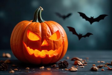 A carved pumpkin with bat-shaped cutouts, spooky Halloween decoration , background, photography