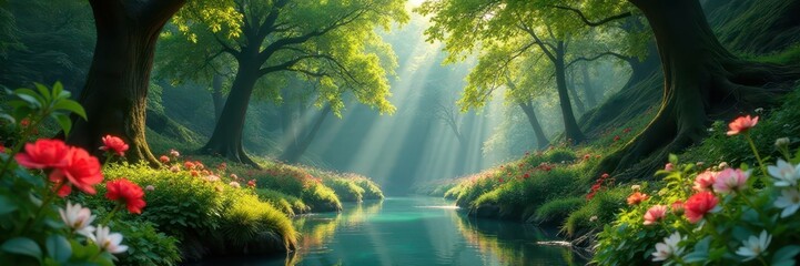 A kaleidoscope of colors within a serene green environment, creative thoughts, artistic expression