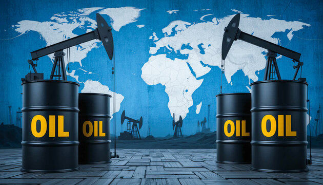 Black oil barrels and pump jacks stand in front of world map symbolizing fossil energy industry and global market